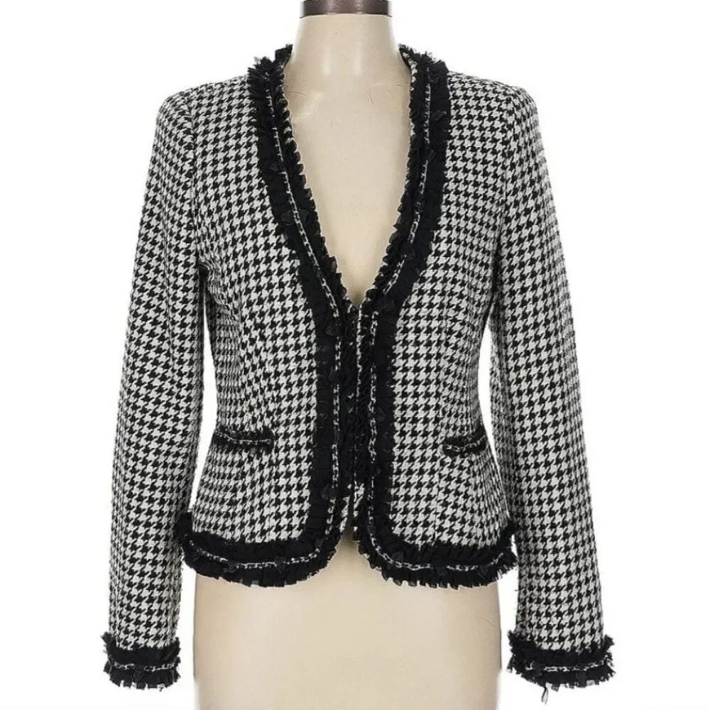 WHBM  Womens Wool Blend Houndstooth Blazer Sz‎ 2 Ruffle Chain Fringe Trim Black